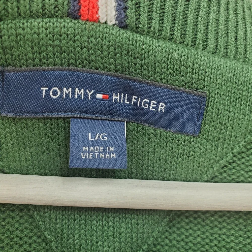 Tommy Hilfiger Sweater Mens Large Green Crest Embroidered Cotton Crew Cabin